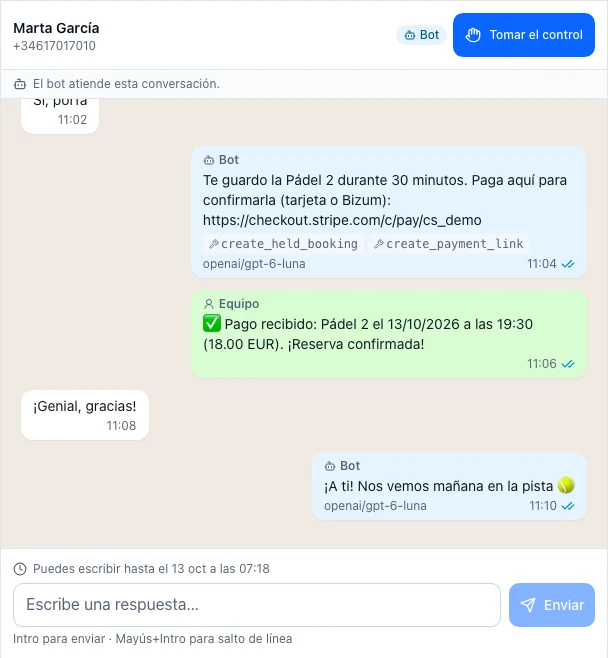 Bandeja de WhatsApp del panel: conversaciones con el asistente, herramientas usadas, pago recibido y paso al equipo